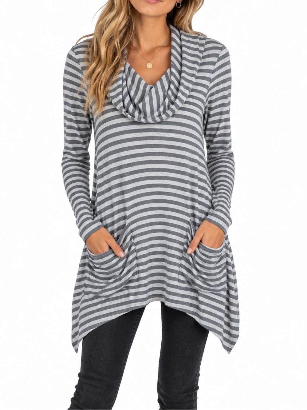 Blue Saks Fifth Avenue Striped Cowl Neck Lagonlook Tunic Top Hood Size Small